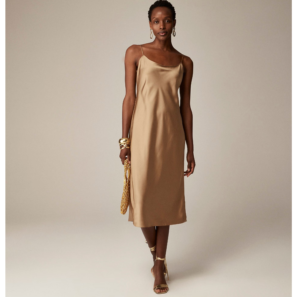J.Crew Gwyneth Slip Dress Midi Luster Charmeuse Satin Tan Camel US 4 NWT